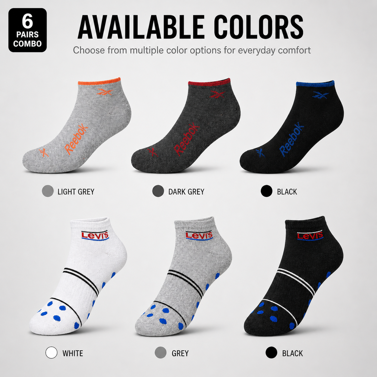 Reebok + Levi’s 6 Pairs Ankle Socks Combo – Everyday Comfort & Style (Black, Grey, Light Grey)