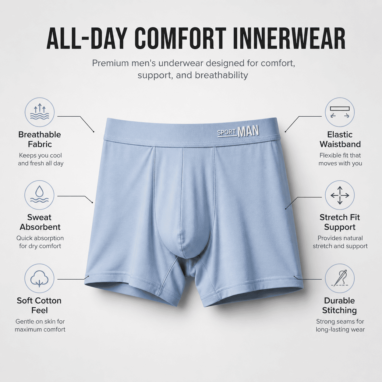 SPORT MAN 5 Pack Trunks – Comfortable Everyday Innerwear (Sky Blue, Ice Blue, Light Grey)