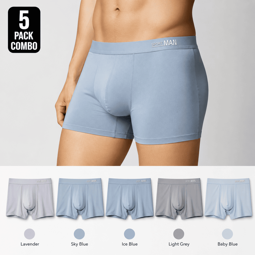 SPORT MAN 5 Pack Trunks – Comfortable Everyday Innerwear (Sky Blue, Ice Blue, Light Grey)