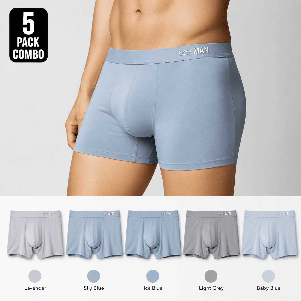 SPORT MAN 5 Pack Trunks – Comfortable Everyday Innerwear (Sky Blue, Ice Blue, Light Grey)