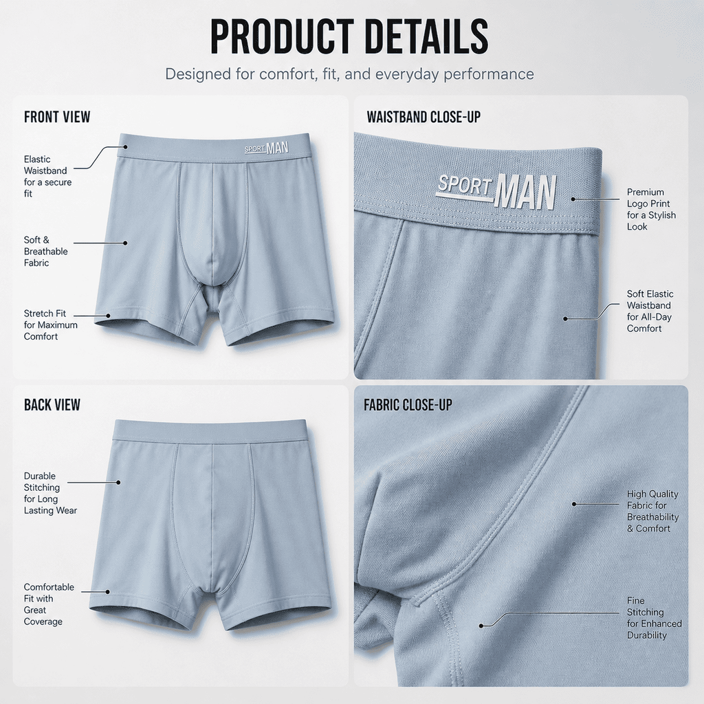 SPORT MAN 5 Pack Trunks – Comfortable Everyday Innerwear (Sky Blue, Ice Blue, Light Grey)