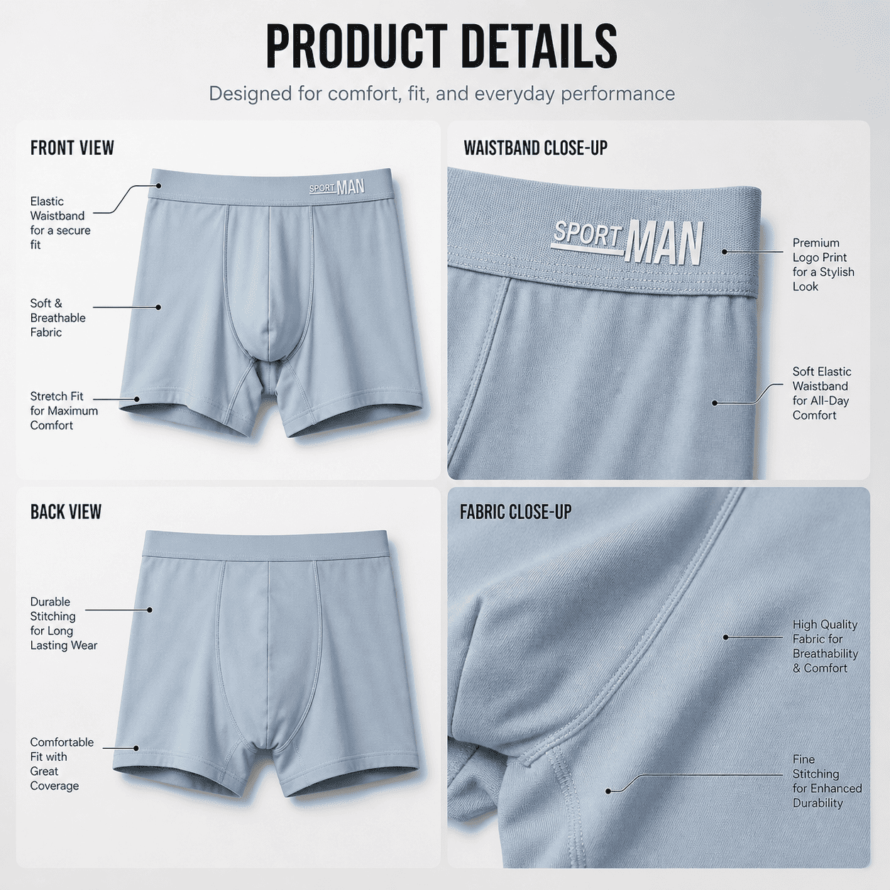 SPORT MAN 5 Pack Trunks – Comfortable Everyday Innerwear (Sky Blue, Ice Blue, Light Grey)