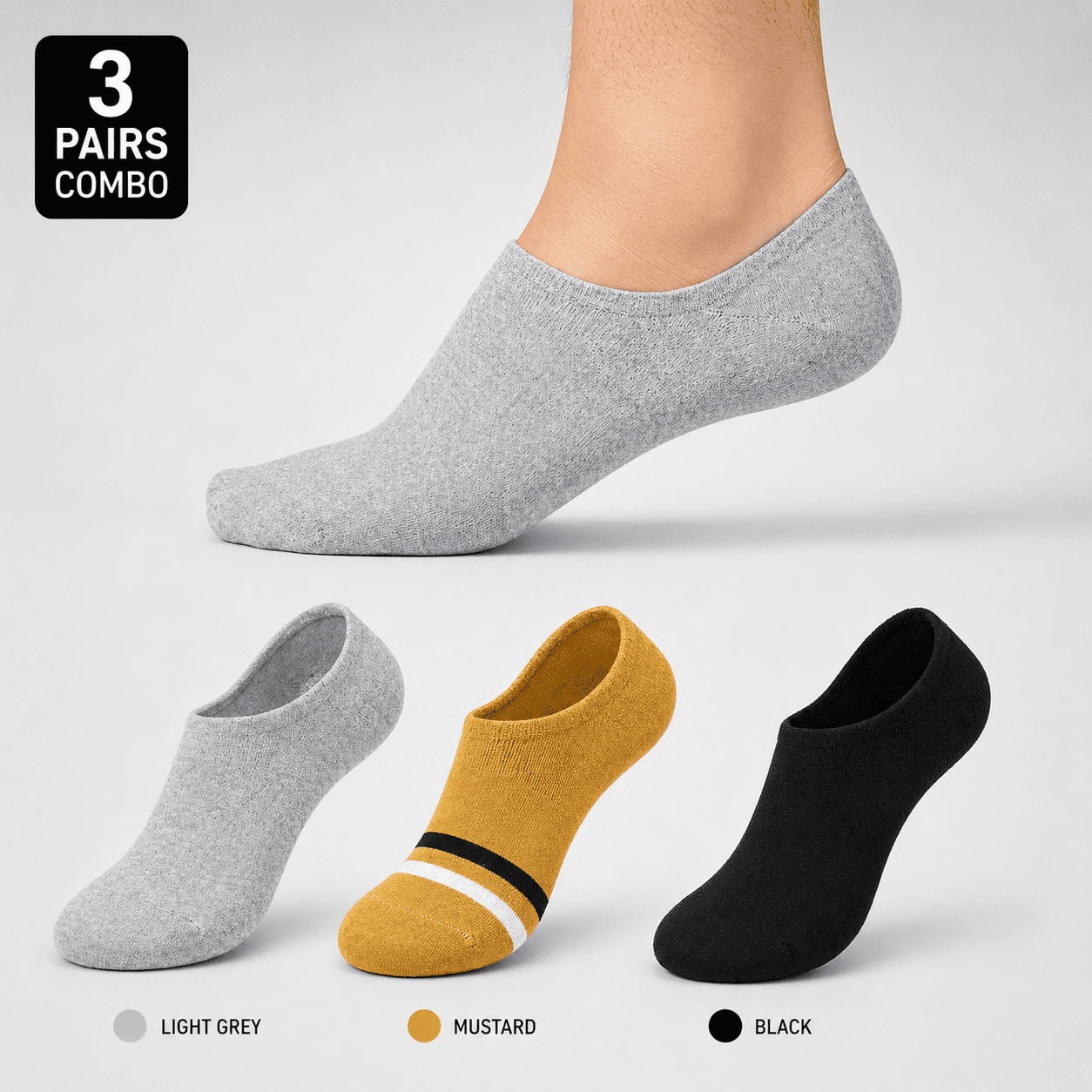 3 Pair No Show Socks – Everyday Comfort (Light Grey, Mustard, Black)