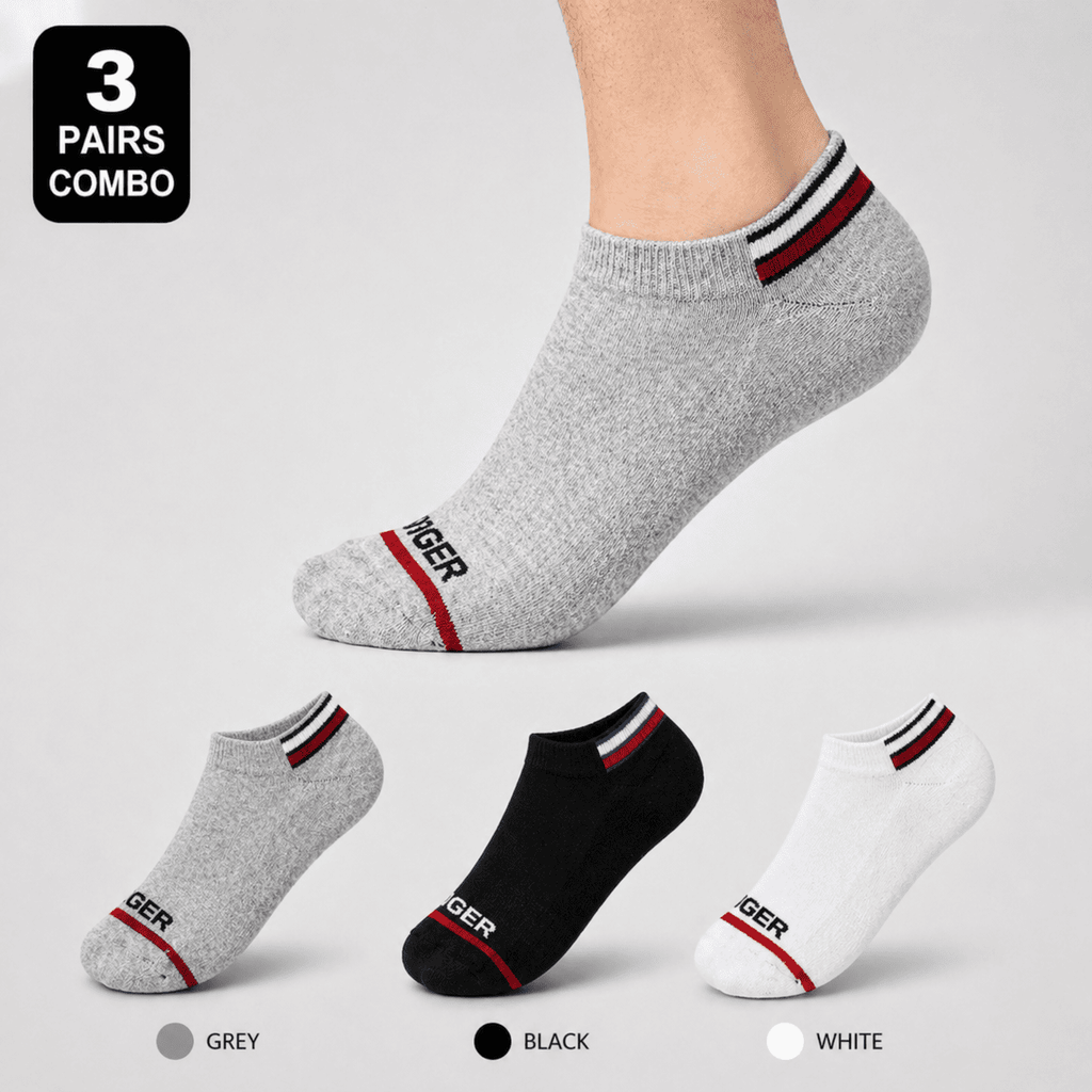 3 Pair Ankle Socks – Everyday Comfort (Grey, Black, White)