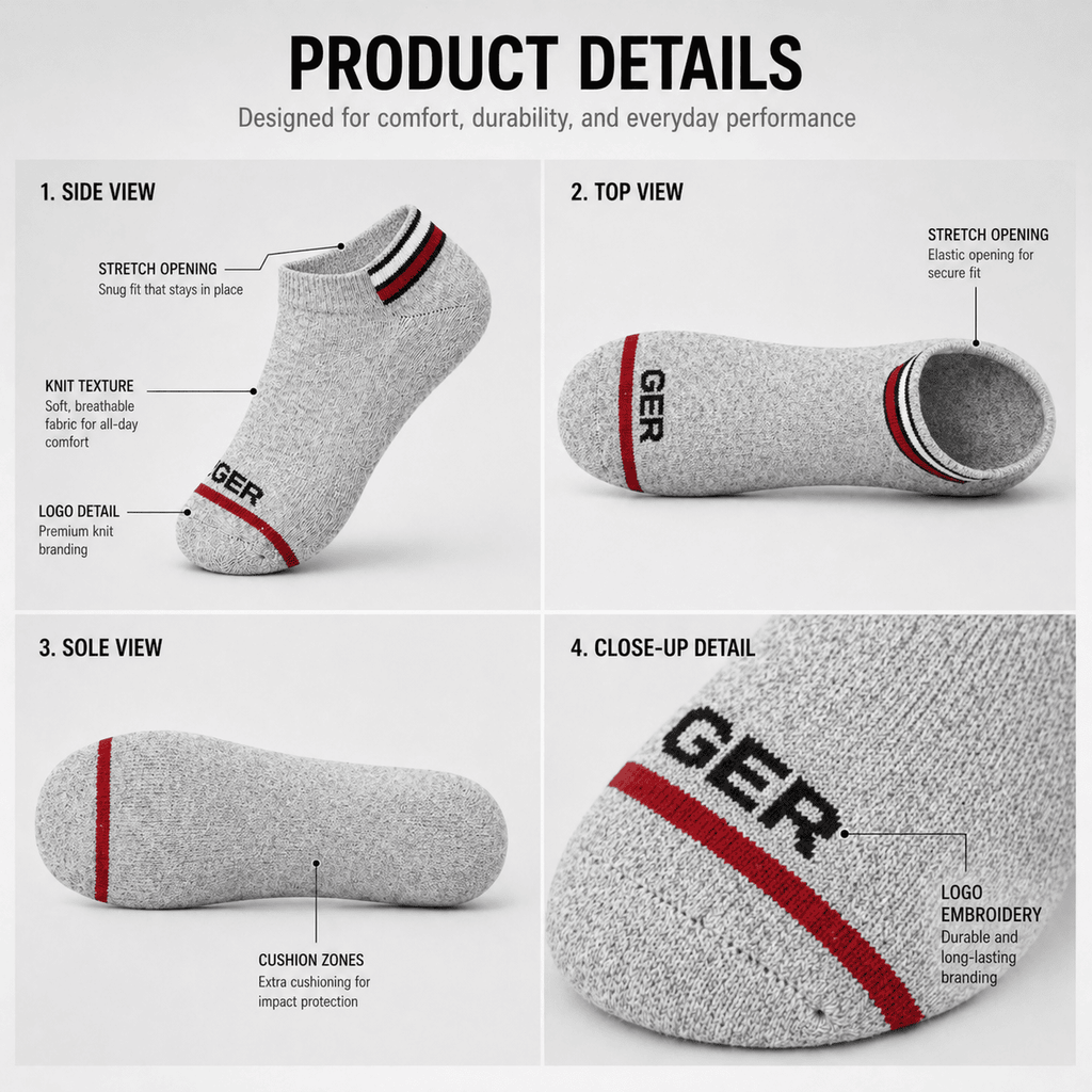 3 Pair Ankle Socks – Everyday Comfort (Grey, Black, White)