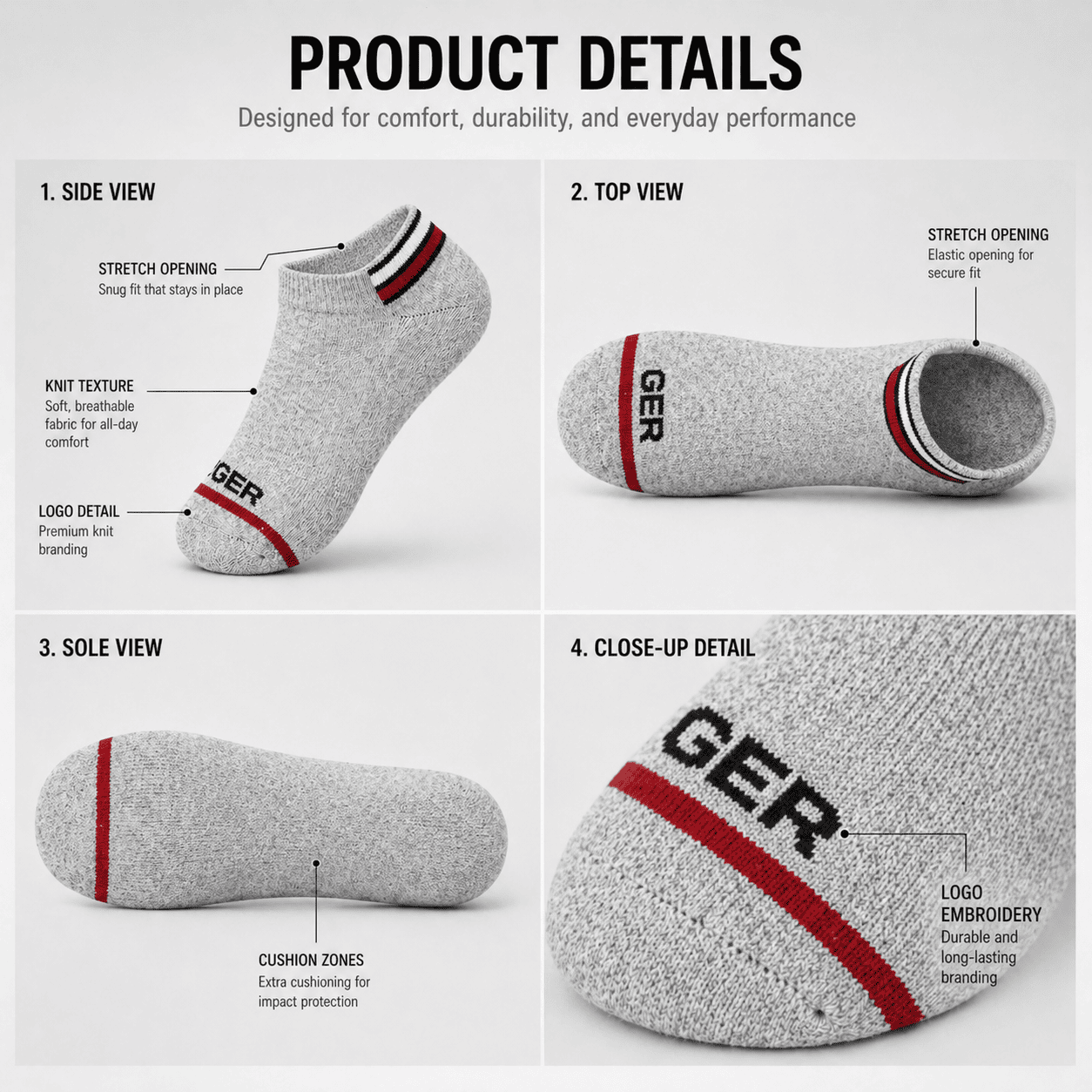 3 Pair Ankle Socks – Everyday Comfort (Grey, Black, White)