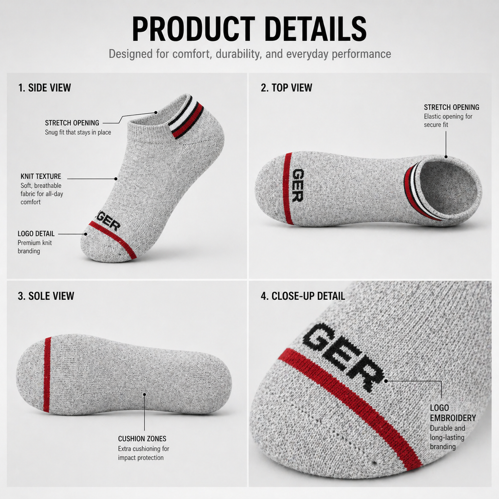 Crown Heart + Tommy Hilfiger 6 Pairs Ankle Socks Combo – Everyday Comfort & Style (Black, Grey, White)