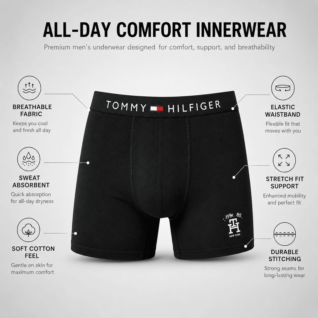 Tommy Hilfiger 3 Pack Trunks – Comfortable Everyday Innerwear (Black, Grey, Navy Blue)