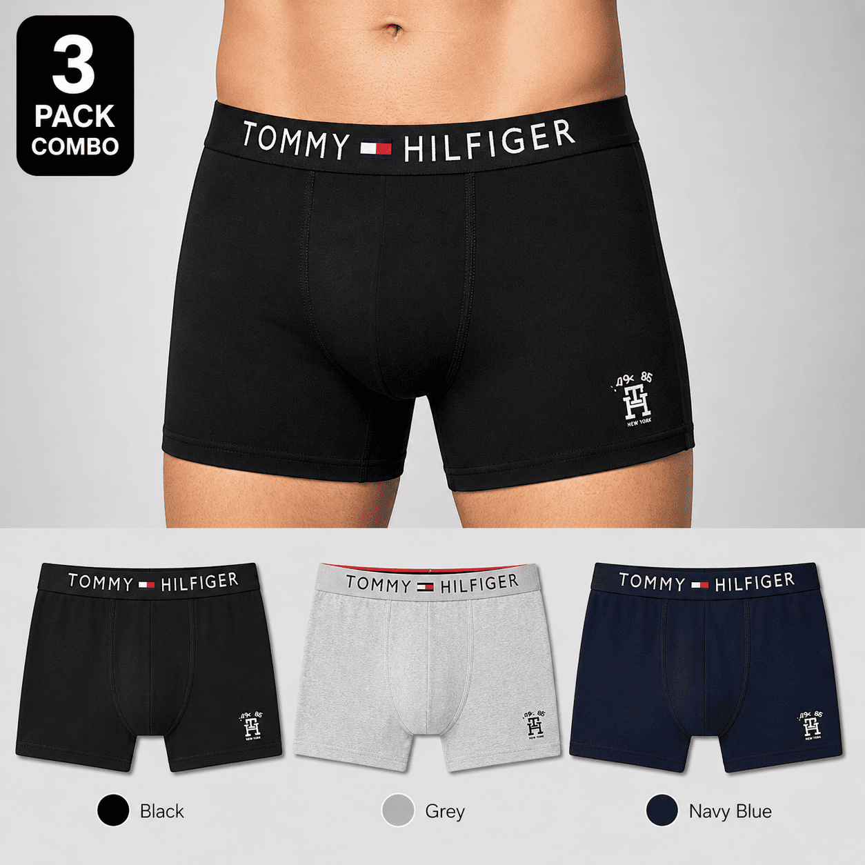 Tommy Hilfiger 3 Pack Trunks – Comfortable Everyday Innerwear (Black, Grey, Navy Blue)