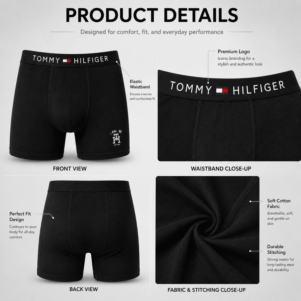 Tommy Hilfiger 3 Pack Trunks – Comfortable Everyday Innerwear (Black, Grey, Navy Blue)