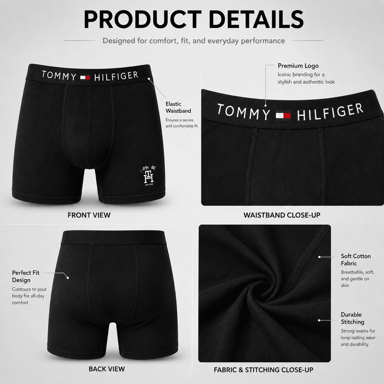 Tommy Hilfiger 3 Pack Trunks – Comfortable Everyday Innerwear (Black, Grey, Navy Blue)
