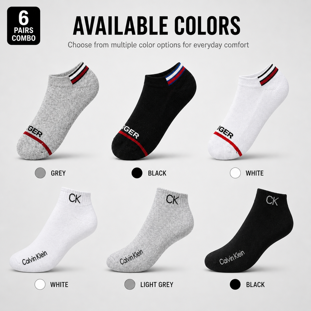 Tommy Hilfiger + Calvin Klein 6 Pairs Ankle Socks Combo – Everyday Comfort & Style (Black, White, Grey)