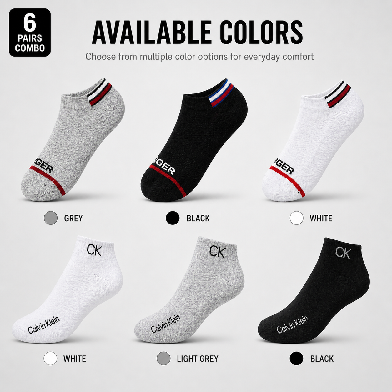 Tommy Hilfiger + Calvin Klein 6 Pairs Ankle Socks Combo – Everyday Comfort & Style (Black, White, Grey)