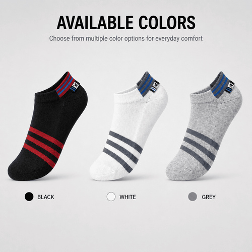 3 Pair Ankle Socks – Everyday Comfort Striped Design (Black, White, Grey)