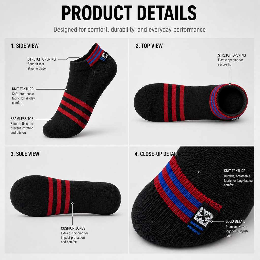 Burberry + US Polo Assn 6 Pairs Ankle Socks Combo – Everyday Comfort & Style (Black, Grey, White)