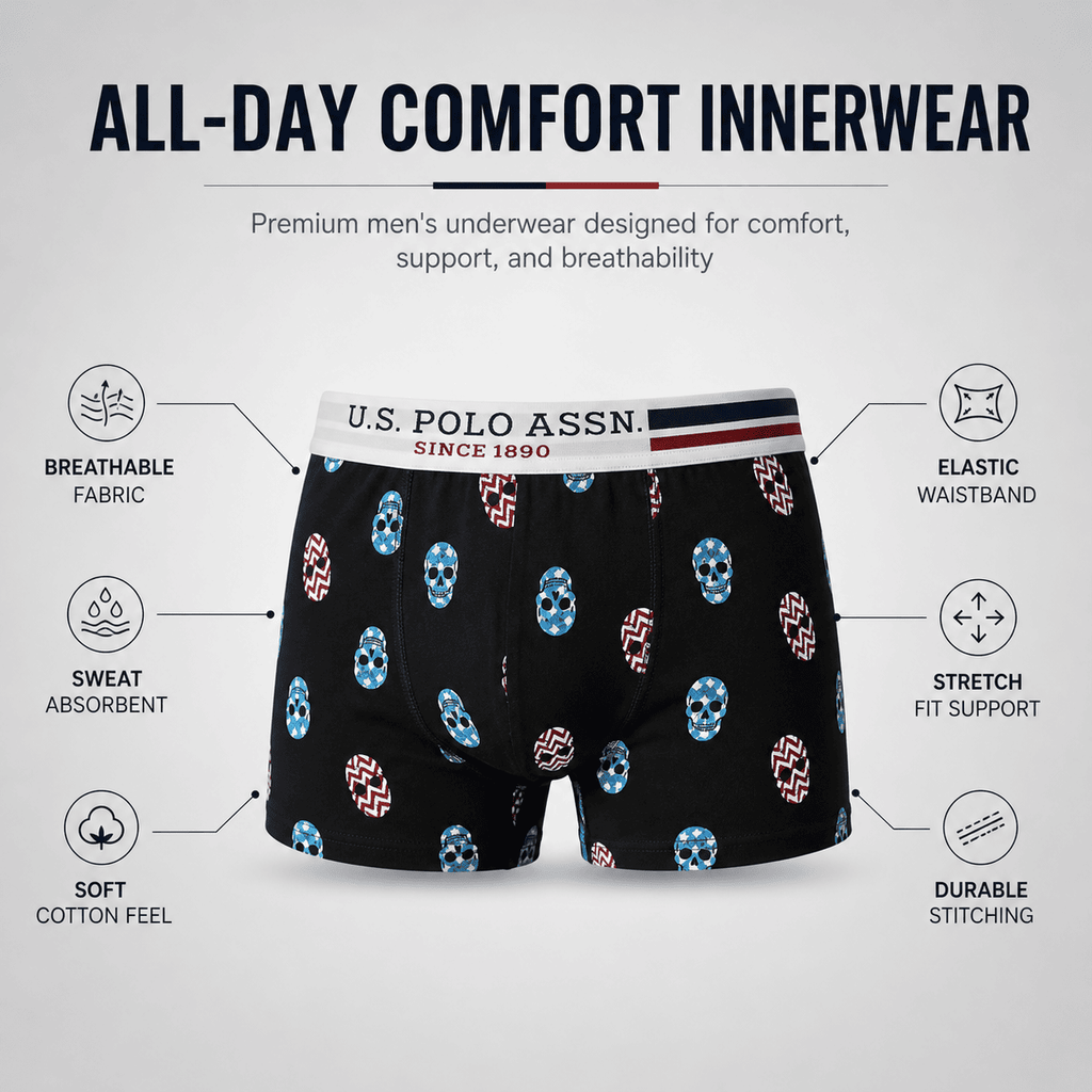 U.S. Polo Assn. 3 Pack Trunks – Comfortable Everyday Innerwear (Black, Navy, Light Grey)