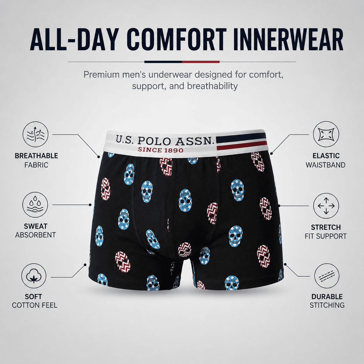 U.S. Polo Assn. 3 Pack Trunks – Comfortable Everyday Innerwear (Black, Navy, Light Grey)