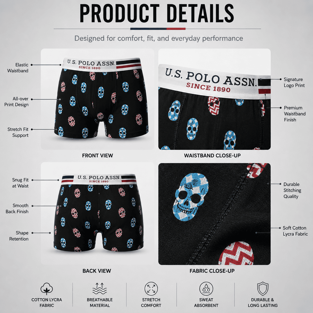 U.S. Polo Assn. 3 Pack Trunks – Comfortable Everyday Innerwear (Black, Navy, Light Grey)