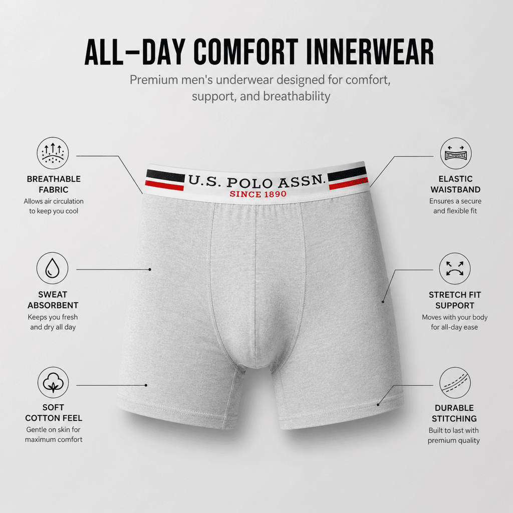 U.S. Polo Assn. 3 Pack Trunks – Comfortable Everyday Innerwear (Light Grey, Navy, Black)