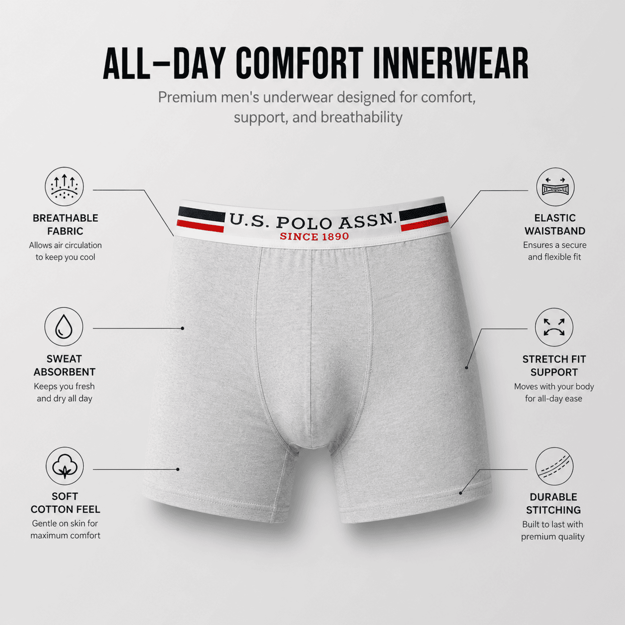 U.S. Polo Assn. 3 Pack Trunks – Comfortable Everyday Innerwear (Light Grey, Navy, Black)