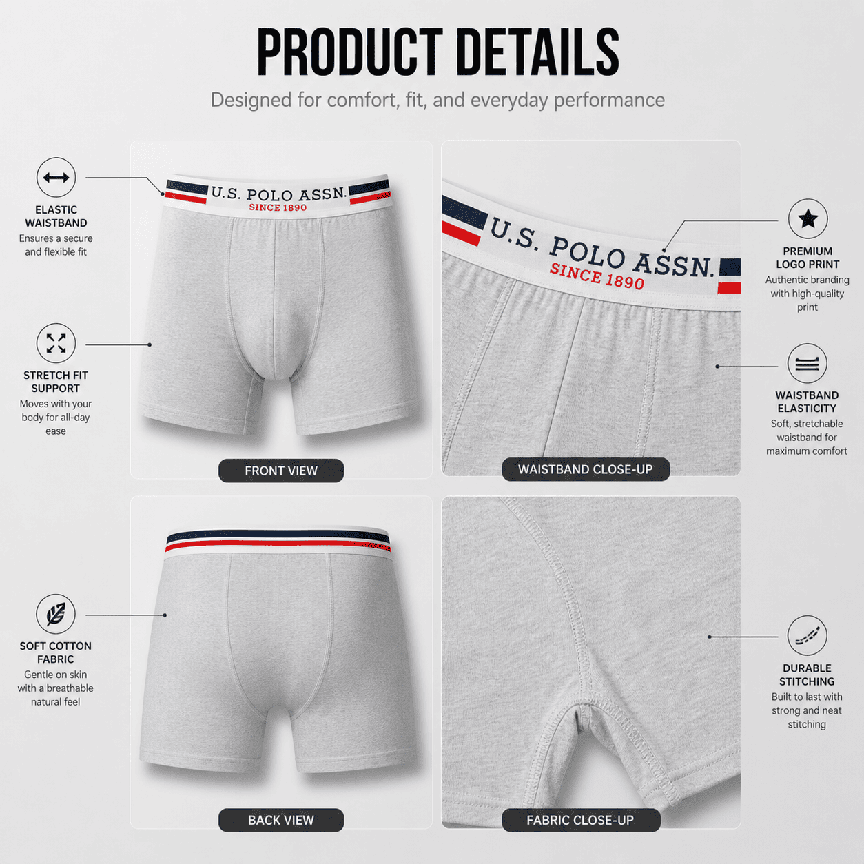 U.S. Polo Assn. 3 Pack Trunks – Comfortable Everyday Innerwear (Light Grey, Navy, Black)