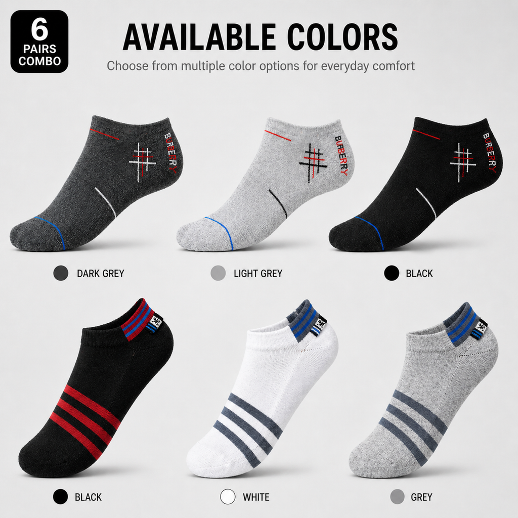 Burberry + US Polo Assn 6 Pairs Ankle Socks Combo – Everyday Comfort & Style (Black, Grey, White)