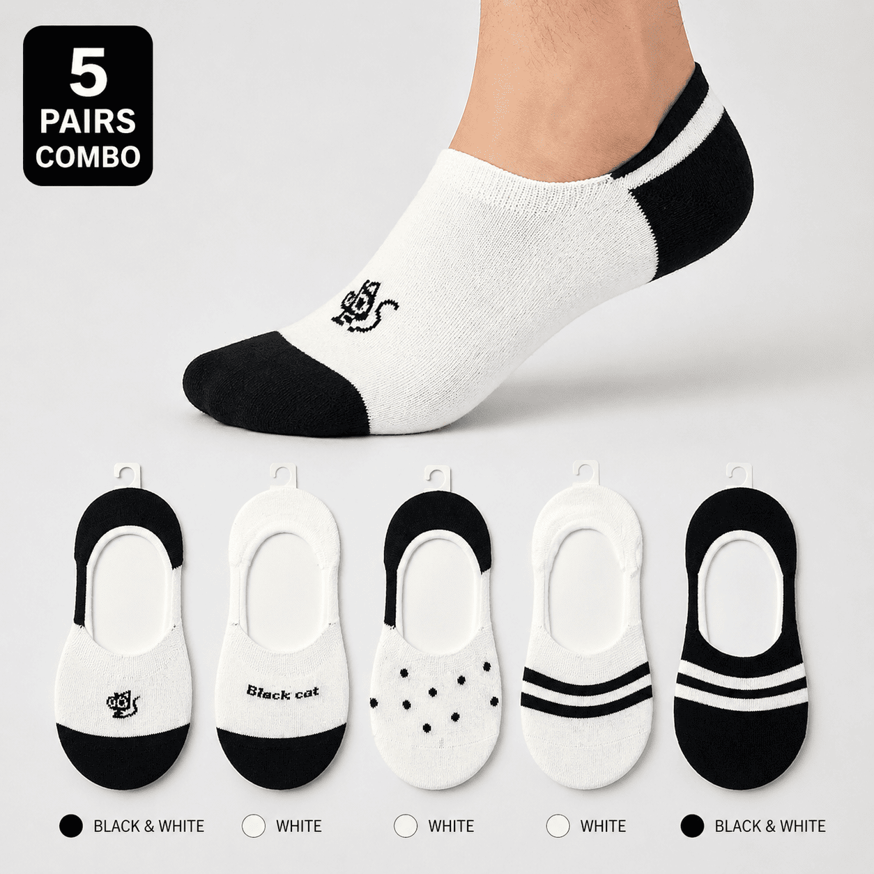 5 Pair No Show Socks – Everyday Comfort Invisible Fit (Black & White)