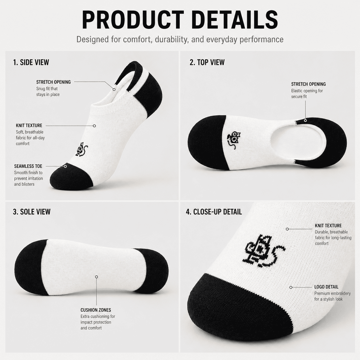 5 Pair No Show Socks – Everyday Comfort Invisible Fit (Black & White)