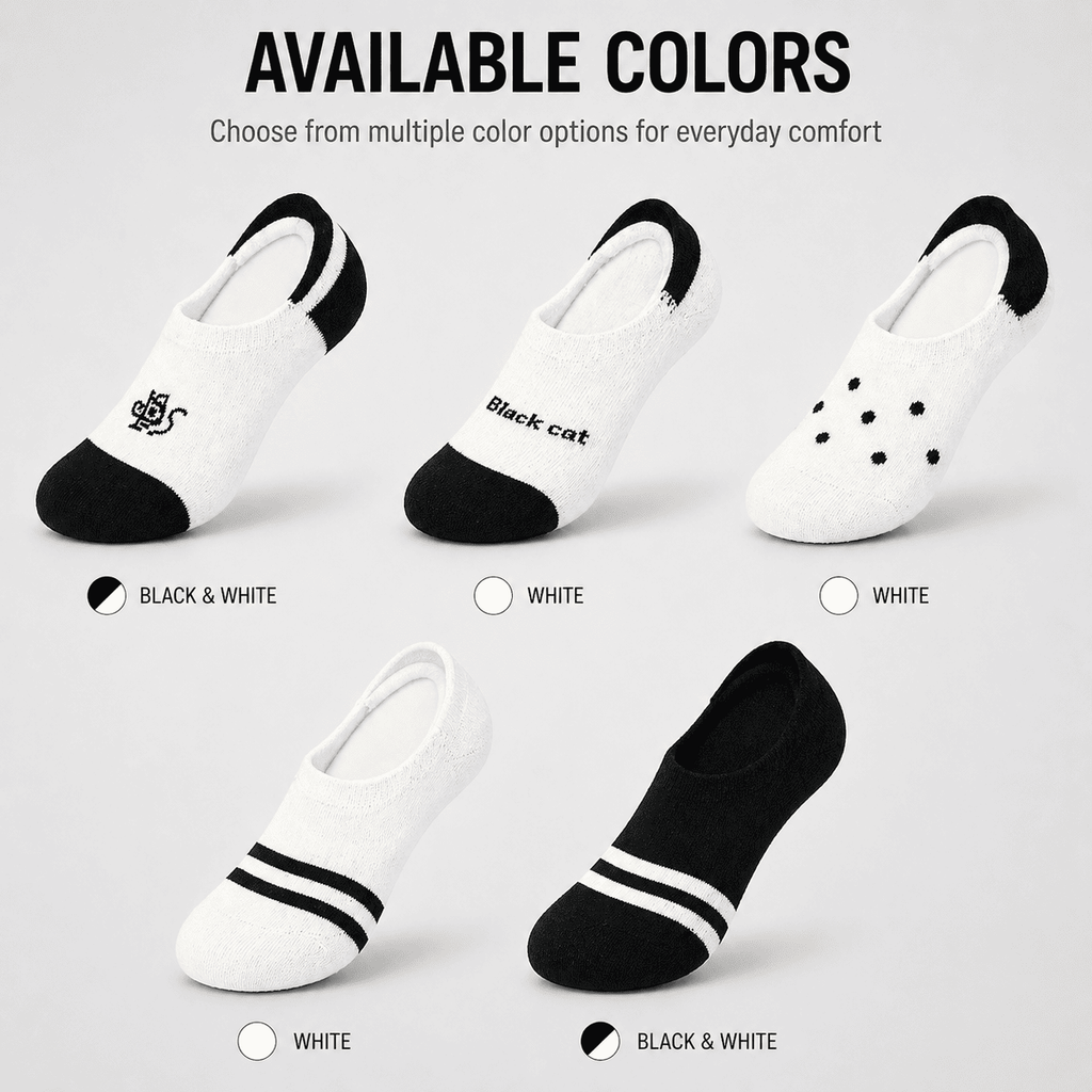 5 Pair No Show Socks – Everyday Comfort Invisible Fit (Black & White)