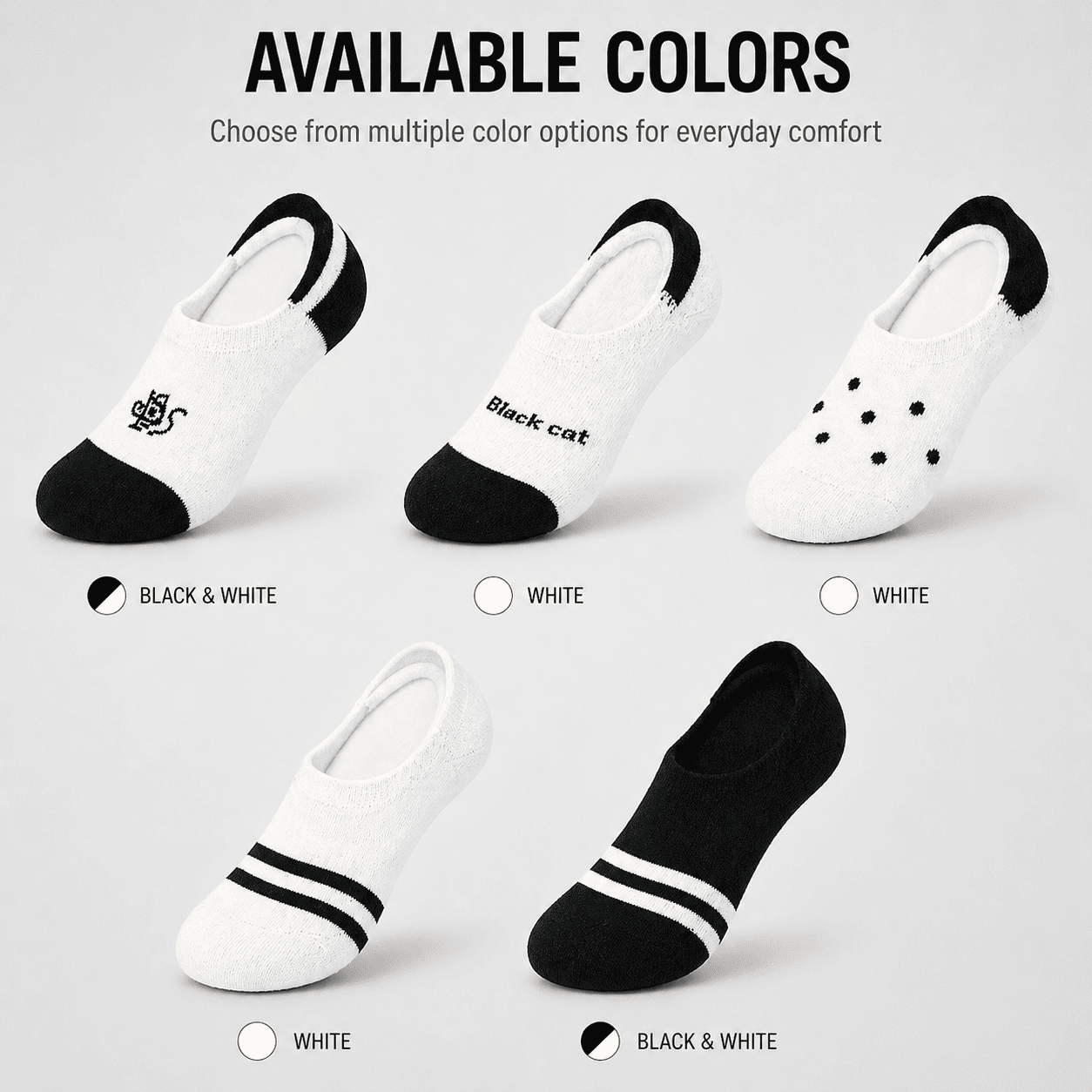 5 Pair No Show Socks – Everyday Comfort Invisible Fit (Black & White)