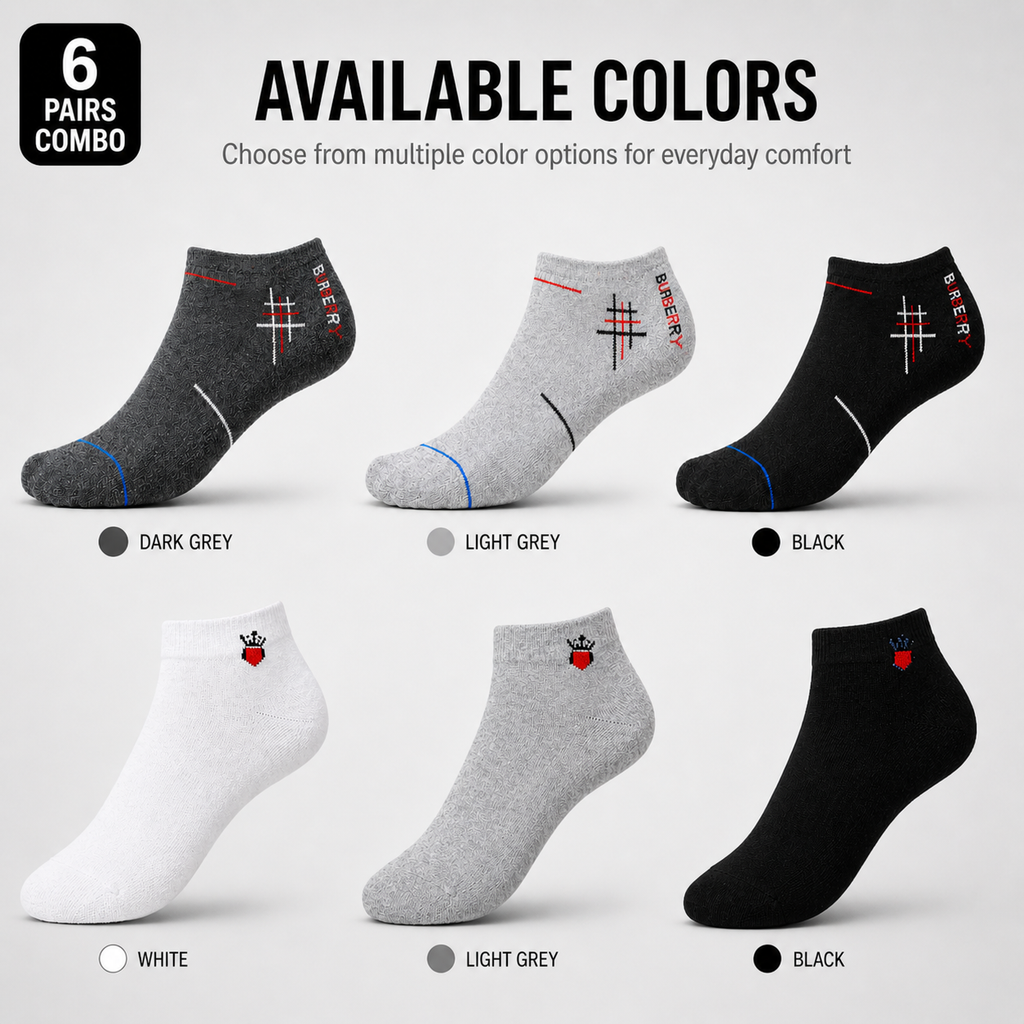 Burberry + Crown Heart 6 Pairs Ankle Socks Combo – Everyday Comfort & Style (Black, Grey, White)