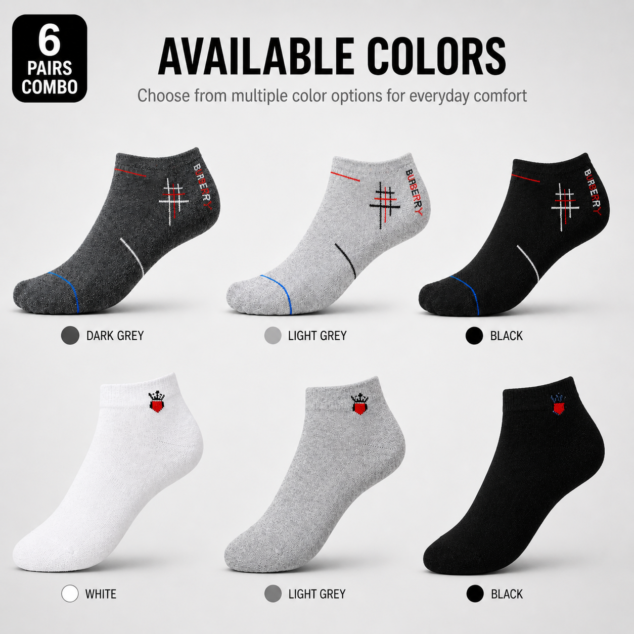 Burberry + Crown Heart 6 Pairs Ankle Socks Combo – Everyday Comfort & Style (Black, Grey, White)