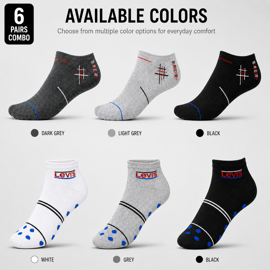 Burberry + Levi’s 6 Pairs Ankle Socks Combo – Everyday Comfort & Style (Black, Grey, White)