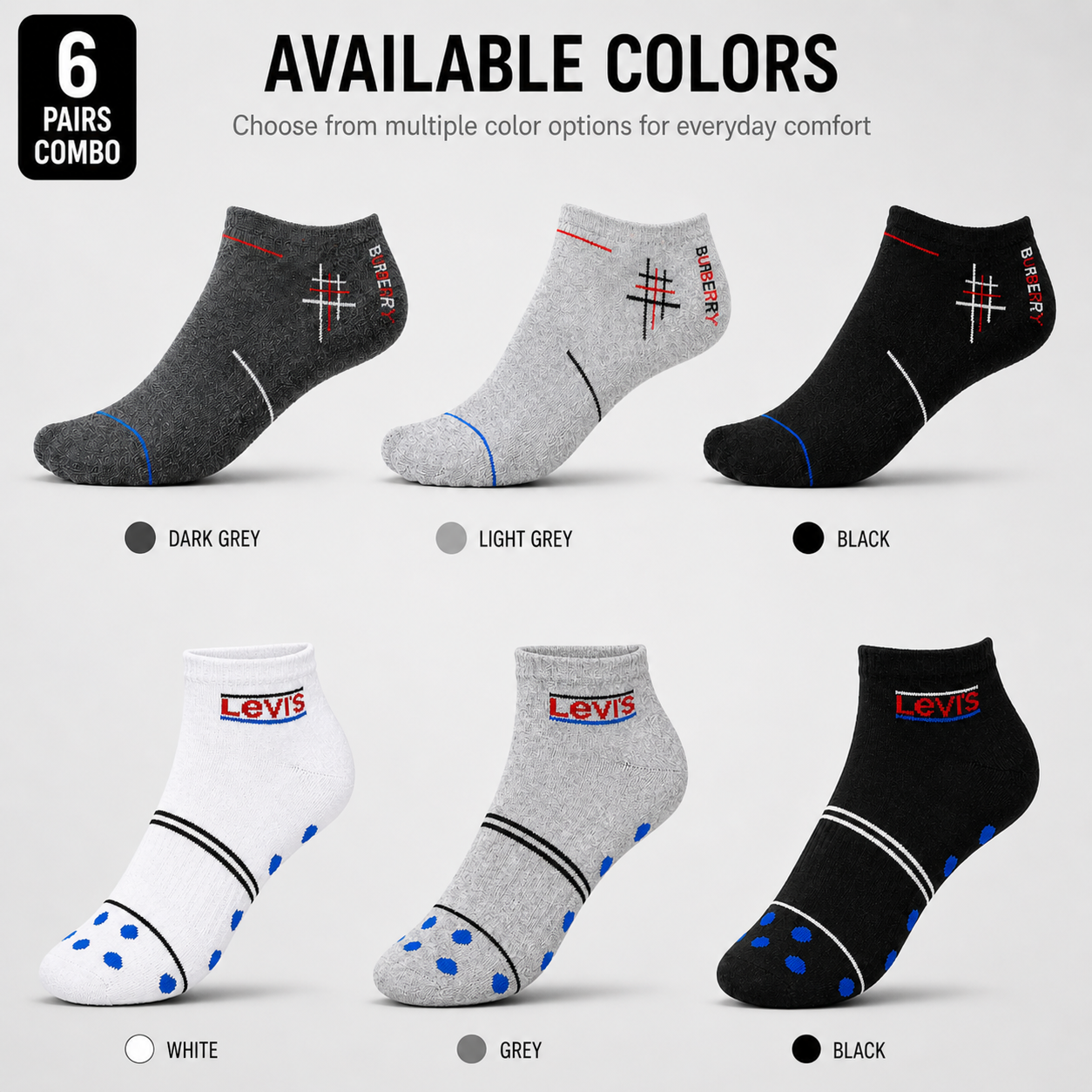 Burberry + Levi’s 6 Pairs Ankle Socks Combo – Everyday Comfort & Style (Black, Grey, White)