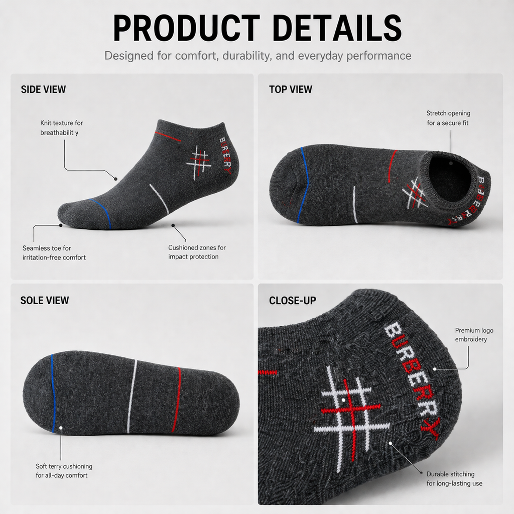 Reebok + Burberry 6 Pairs Ankle Socks Combo – Everyday Comfort & Style (Black, Grey, Light Grey)