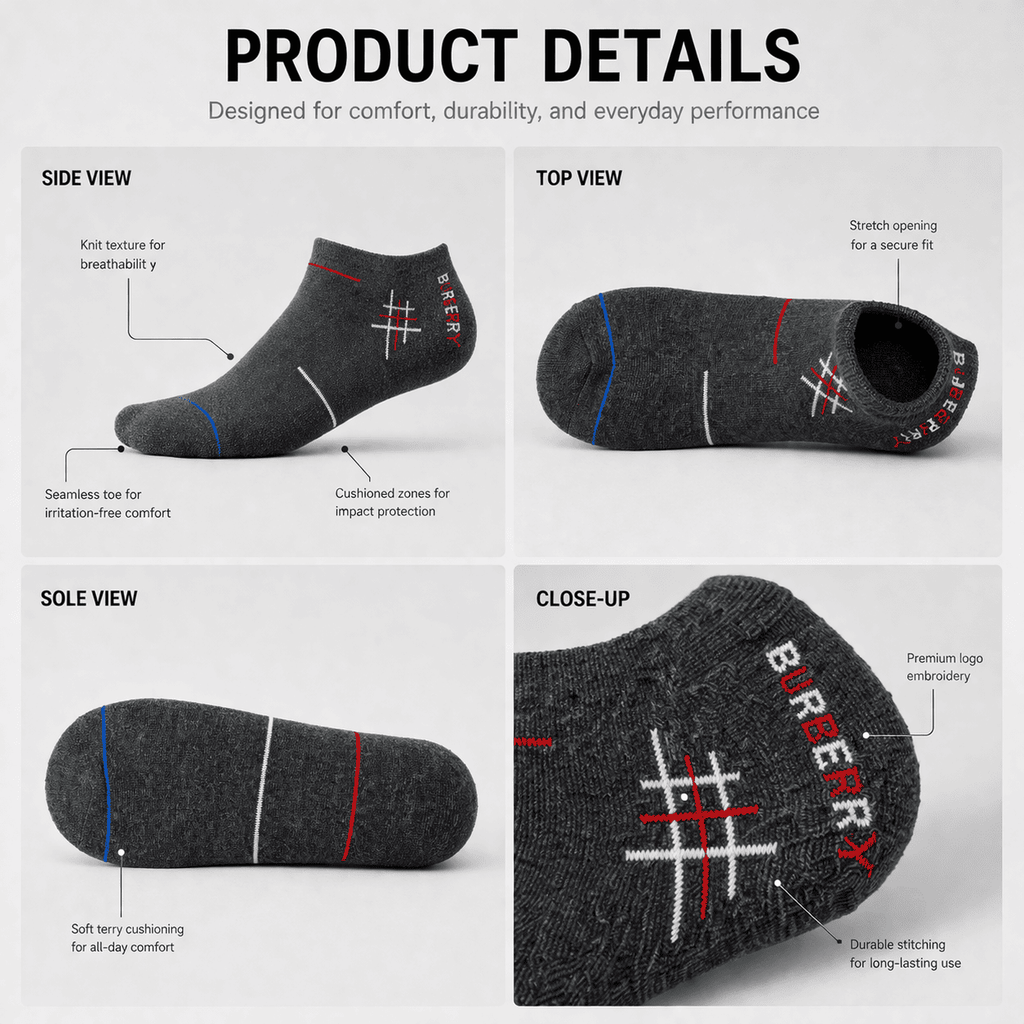 Burberry 3 Pair Ankle Socks Combo – Low Cut Everyday Comfort Socks (Dark Grey, Light Grey, Black)
