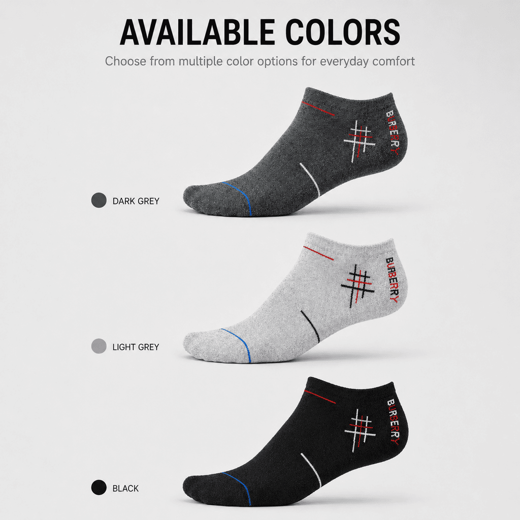 Burberry 3 Pair Ankle Socks Combo – Low Cut Everyday Comfort Socks (Dark Grey, Light Grey, Black)