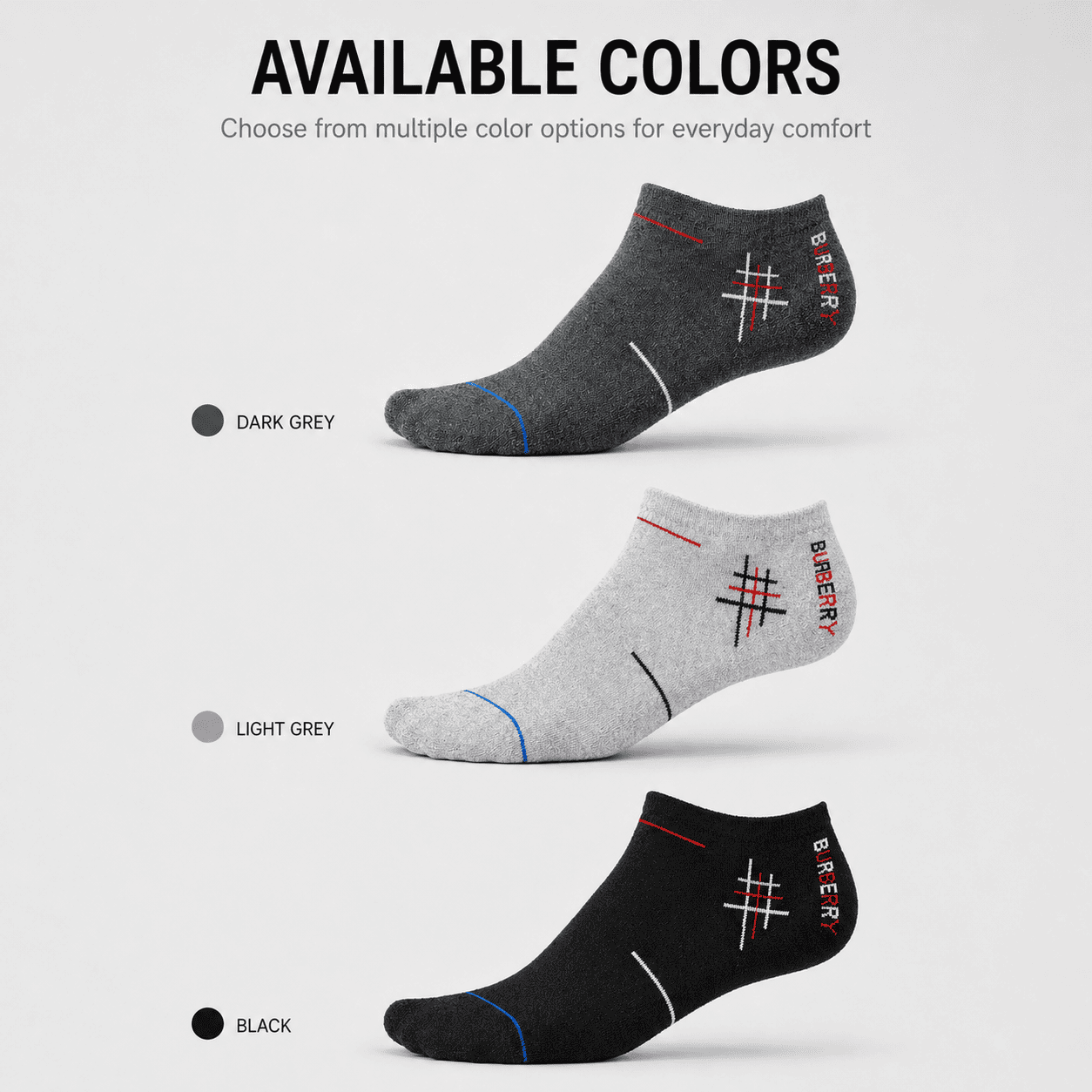 Burberry 3 Pair Ankle Socks Combo – Low Cut Everyday Comfort Socks (Dark Grey, Light Grey, Black)