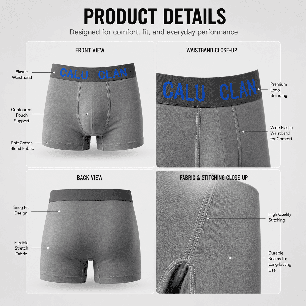 CALU CLAN 5 Pack Boxer Briefs – Comfortable Everyday Innerwear (Maroon, Yellow, Green)