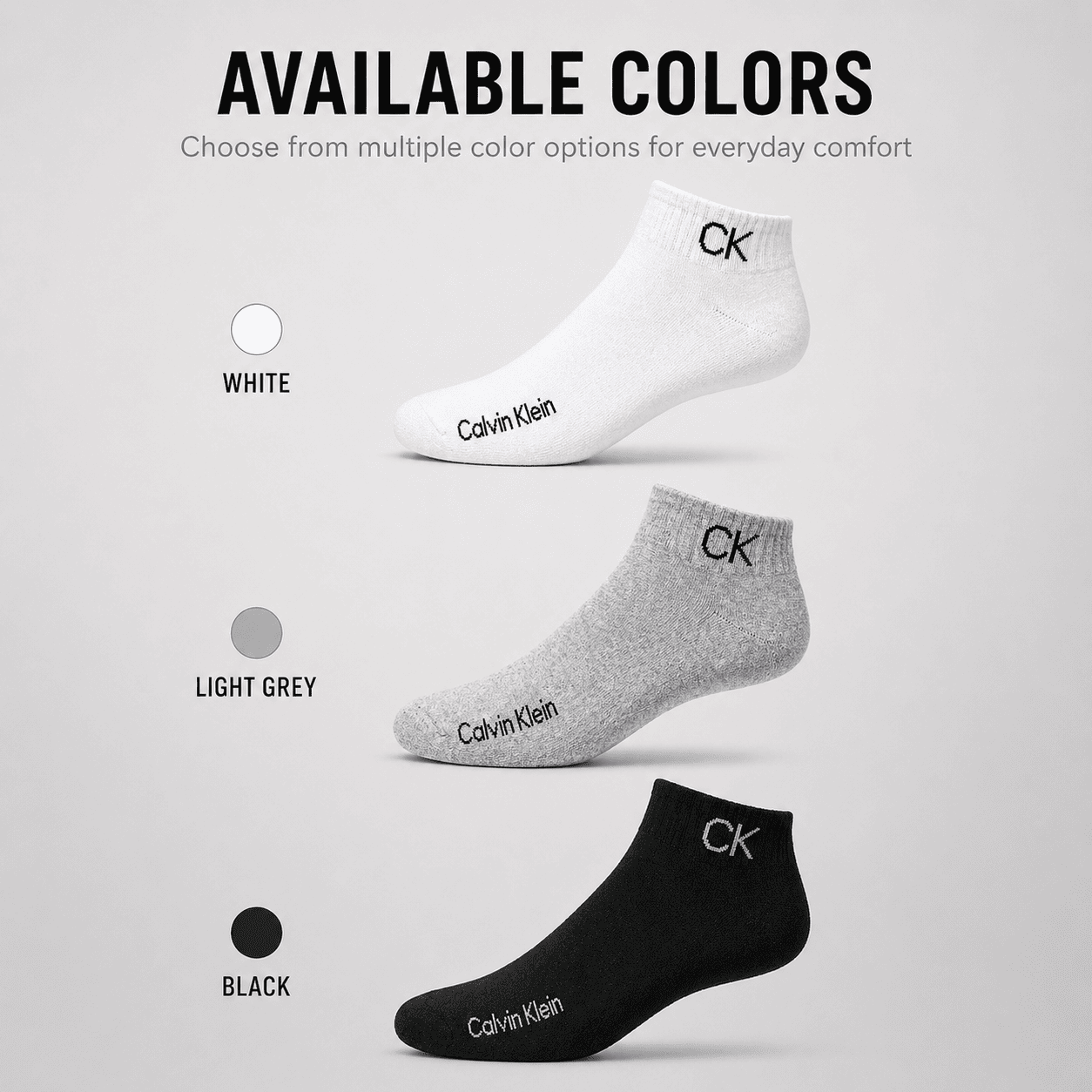Calvin Klein 3 Pair Ankle Socks – Everyday Comfort (Grey, White, Black)