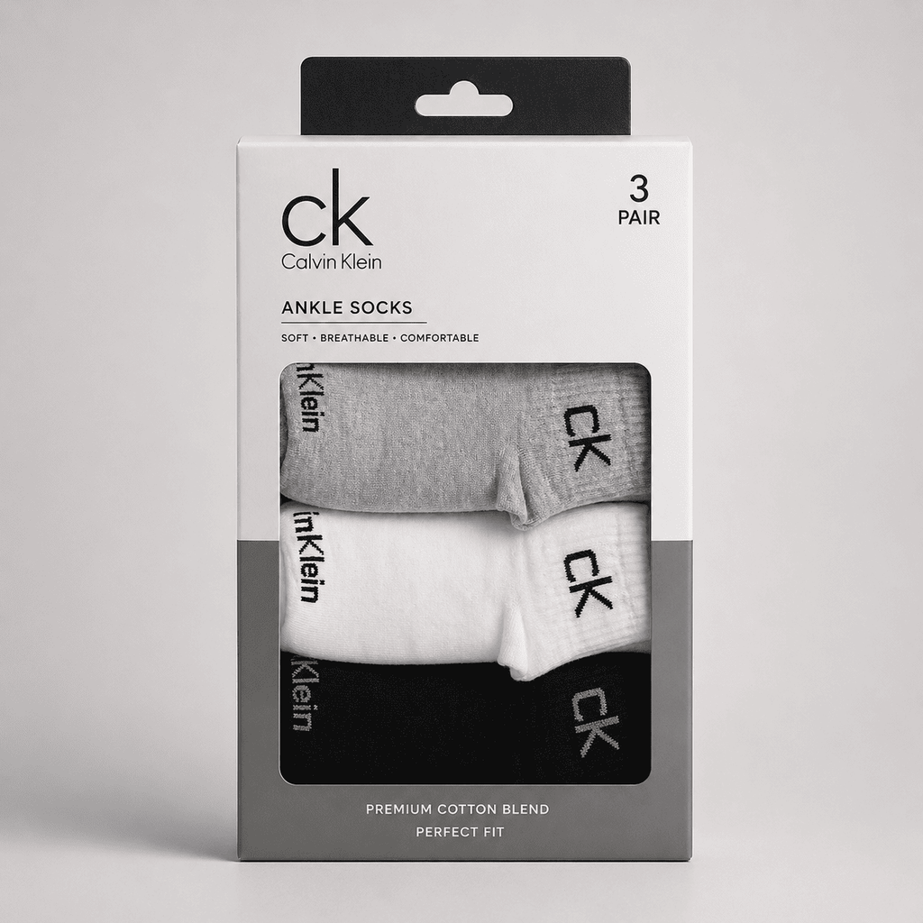 Calvin Klein 3 Pair Ankle Socks – Everyday Comfort (Grey, White, Black)