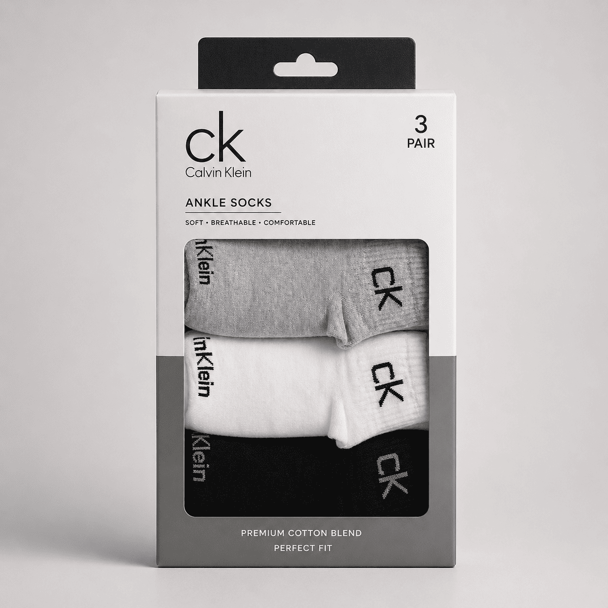 Calvin Klein 3 Pair Ankle Socks – Everyday Comfort (Grey, White, Black)