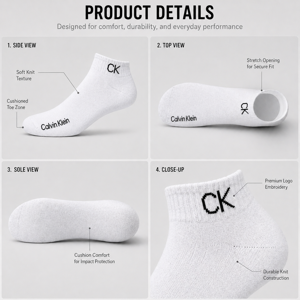 Reebok + Calvin Klein 6 Pairs Ankle Socks Combo – Everyday Comfort & Style (Black, Grey, White)