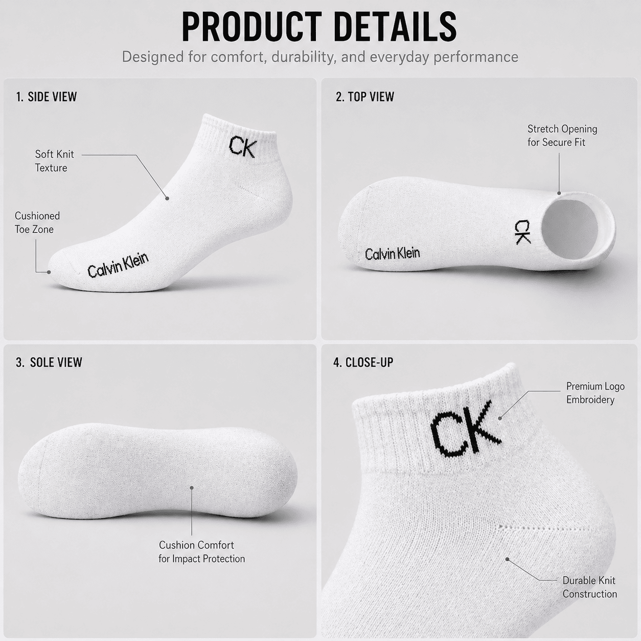 Calvin Klein 3 Pair Ankle Socks – Everyday Comfort (Grey, White, Black)