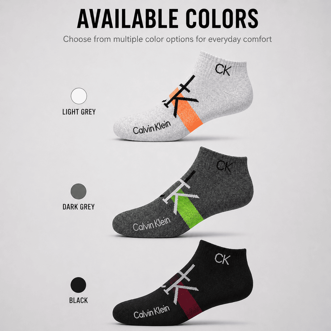 Calvin Klein 3 Pair Ankle Socks – Everyday Comfort (Light Grey, Dark Grey, Black)