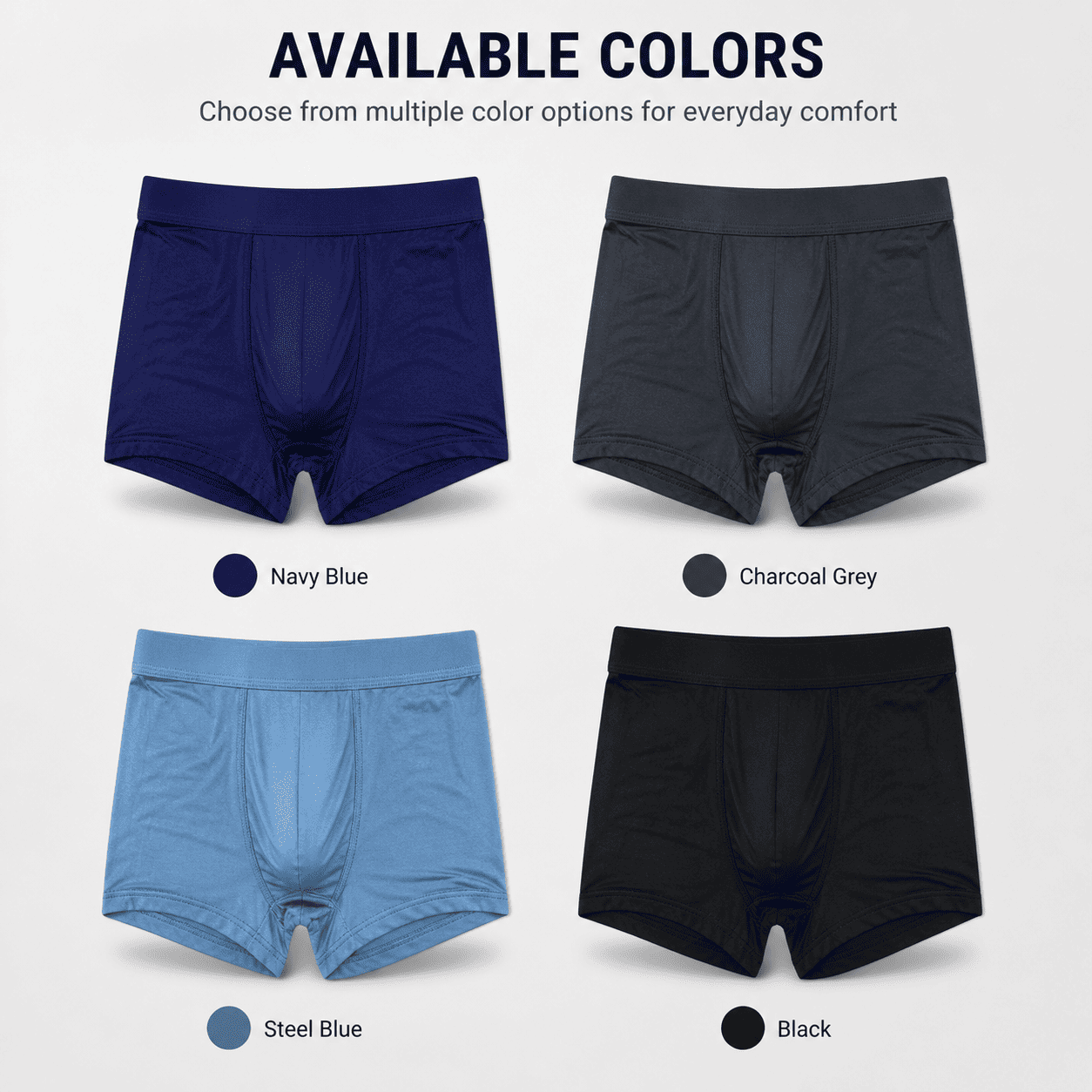 4 Pack Trunks – Comfortable Everyday Innerwear (Navy Blue, Charcoal Grey, Steel Blue)