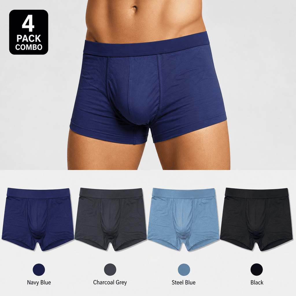 4 Pack Trunks – Comfortable Everyday Innerwear (Navy Blue, Charcoal Grey, Steel Blue)