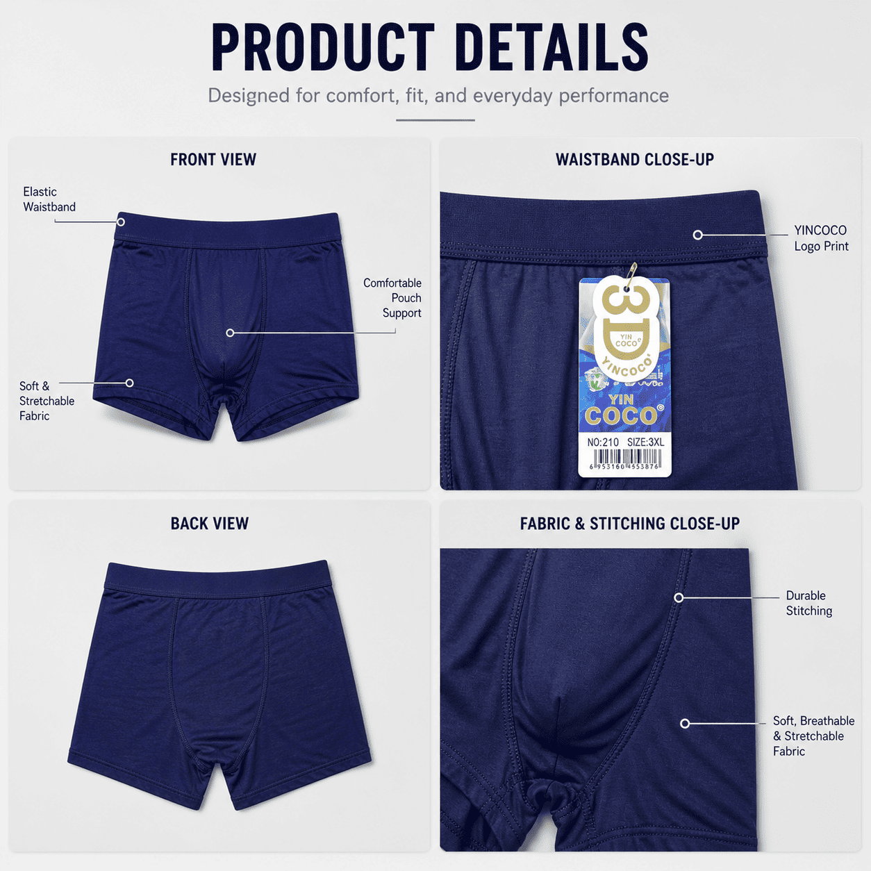 4 Pack Trunks – Comfortable Everyday Innerwear (Navy Blue, Charcoal Grey, Steel Blue)