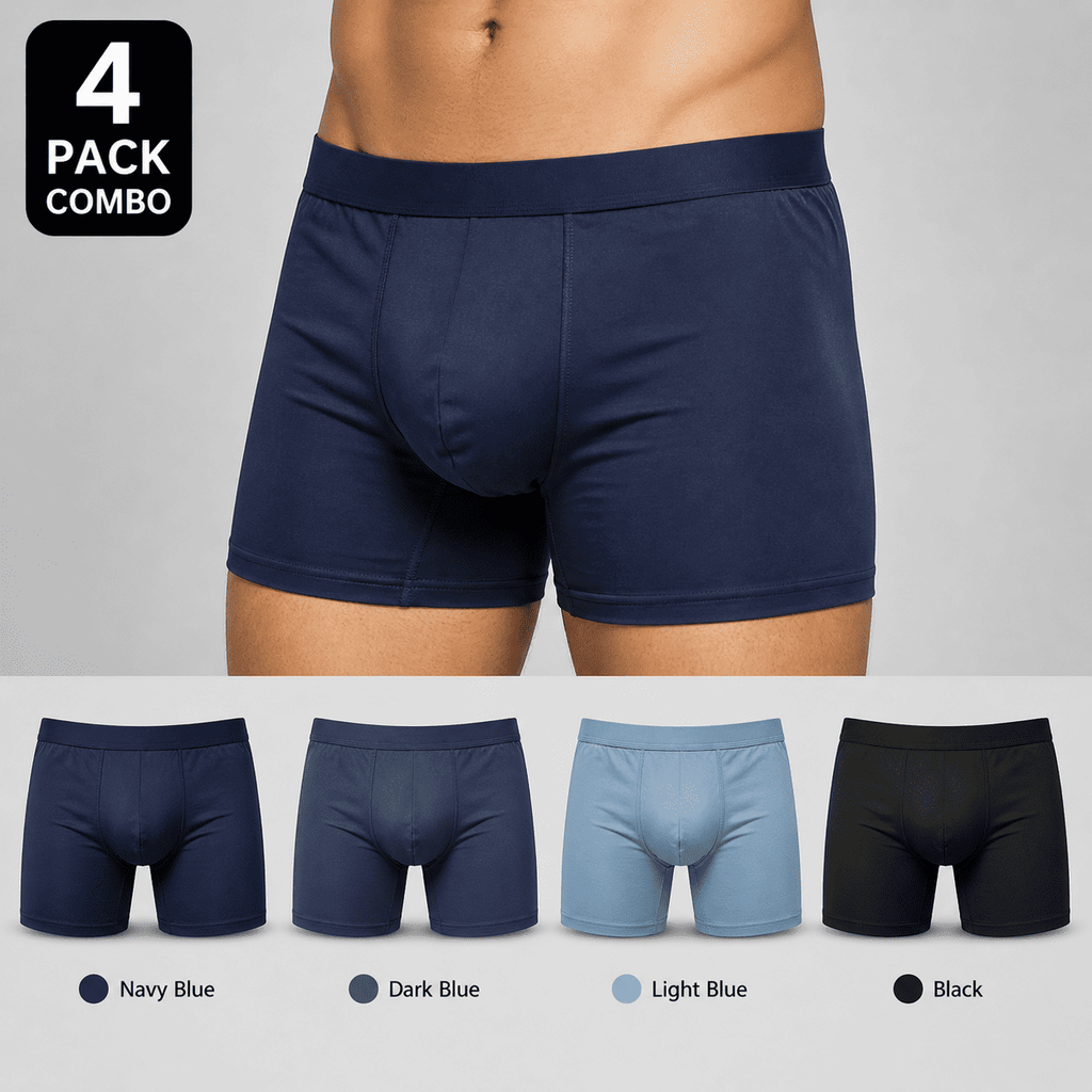 4 Pack Trunks – Comfortable Everyday Innerwear (Navy Blue, Dark Blue, Light Blue)