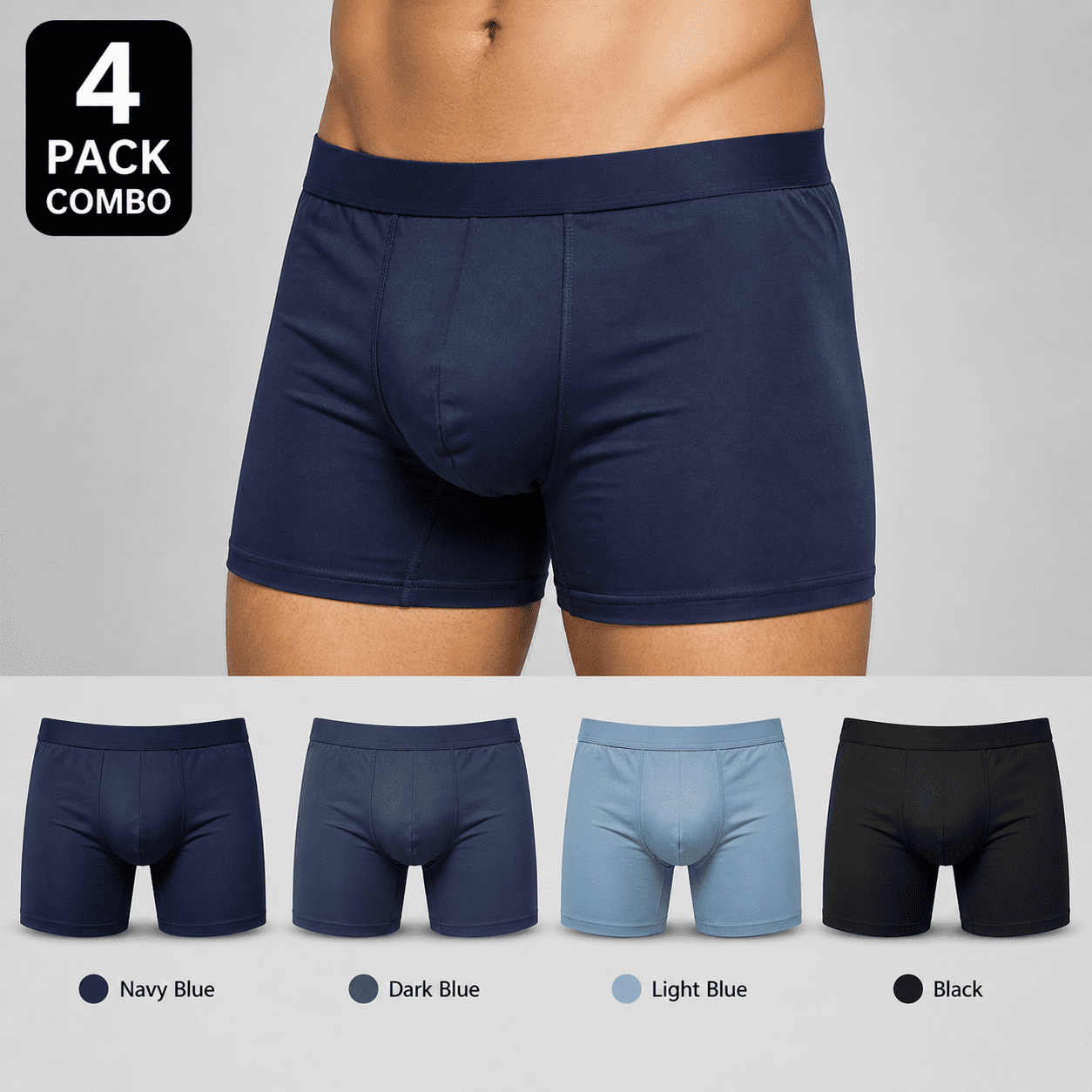 4 Pack Trunks – Comfortable Everyday Innerwear (Navy Blue, Dark Blue, Light Blue)